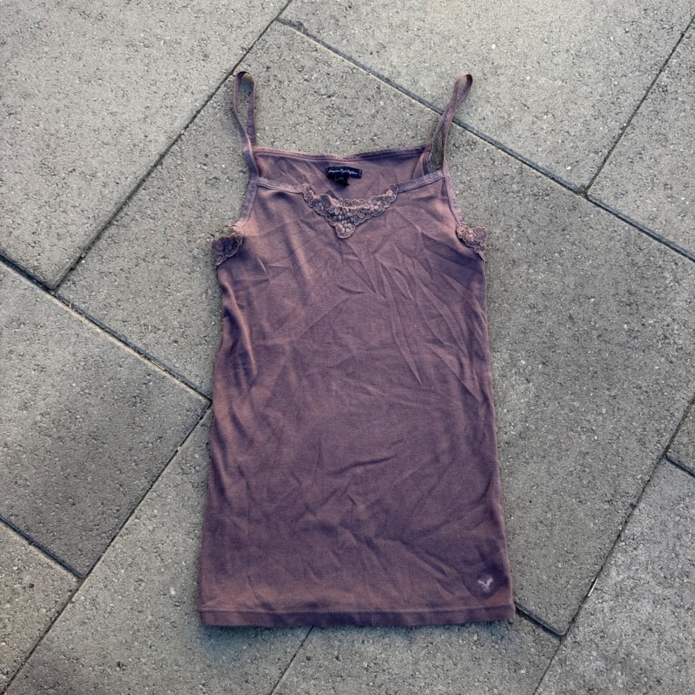 American Eagle Purple Ribbed Lace Trim Camisole Tank Top Large
